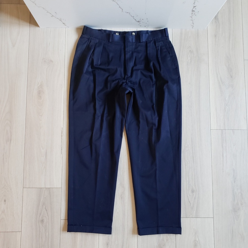 Lands End Pants Mens 37x31 Navy Dress Pleated Front Trouser Classic Cuffed Chino